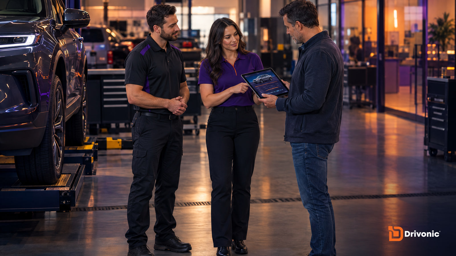 Service advisor and sales team member review a trade appraisal with a customer in a dealership service drive bay