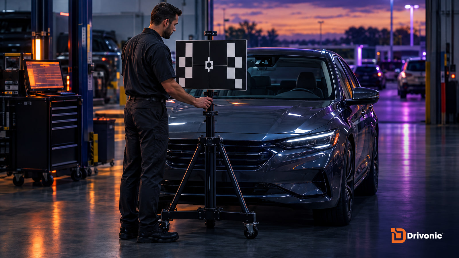 Dealership service technician using ADAS calibration equipment to recalibrate a vehicle's forward-facing camera system